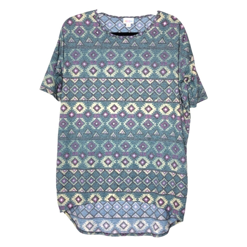LULAROE Irma Geometric Pattern Muted Shades Of Green, Purple & Yellow Size XS